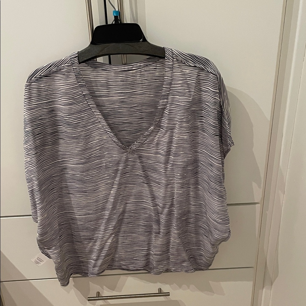 Joie Navy and White Striped V-Neck Silk Top